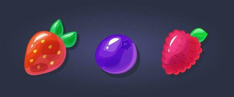 Collection of 3D illustrations of berries for game prizes. Realistic berries on a dark background vector