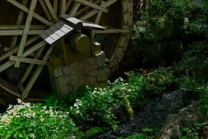 A historic wooden wheel on the water surface in Tokyo photo