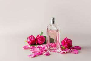 Stylish bottle of women's perfume on a gray background among the buds and petals of a pink tea rose. A copy space. Perfume and beauty concept. photo