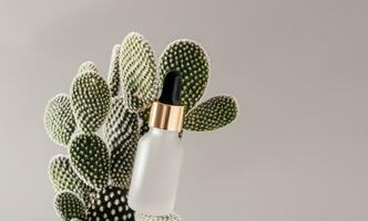 Cosmetic matte bottle with dropper with natural face and body skin care product among thick cactus leaves. Ecological natural cosmetics concept photo