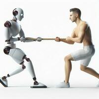 AI generated A human and a robot in a tug of war, symbolizing the struggle between man and machine on white background. photo