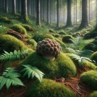 AI generated Mystical forest scene with a unique truffle mushroom amidst lush greenery, illuminated by soft, ethereal light. photo