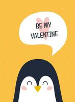 Card with cute penguin and text. Vector illustration on a yellow background.