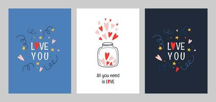 A set of cards with a declaration of love. Vector illustration with hearts for valentine's day.