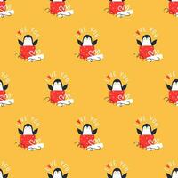 Pattern with cute penguins and gifts on a yellow background. Vector illustration for valentine's day and birthday.