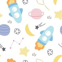 Space background with rockets and stars nursery seamless vector pattern in cartoon style