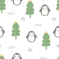 Seamless pattern with penguins on white background. Hand drawn design in cartoon style. used for decoration Celebration Wallpaper Fabric Textile vector