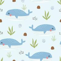 Nursery seamless pattern whale in the sea hand drawn design in cartoon style Use for textiles, prints, wallpapers, vector illustration