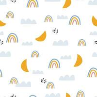 Seamless baby pattern rainbow with clouds on white background, hand drawn, designed in a cartoon style. Used for prints, decorative wallpaper, baby clothes motifs, textiles Vector Illustration