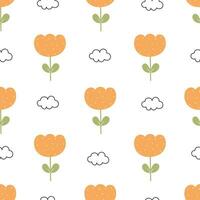 Seamless pattern Nature Background Flowers And Clouds Hand drawn design in cartoon style Used for textiles, prints, wallpapers, vector illustration