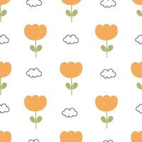 Seamless pattern Nature Background Flowers And Clouds Hand drawn design in cartoon style Used for textiles, prints, wallpapers, vector illustration