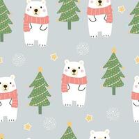 Kids seamless pattern white bear and christmas tree Cute hand drawn animal background in childish style vector