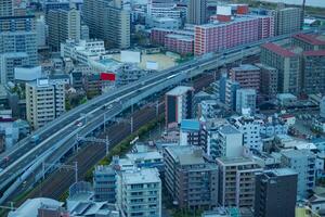 A traffic jam on the highway in Osaka by high angle view photo