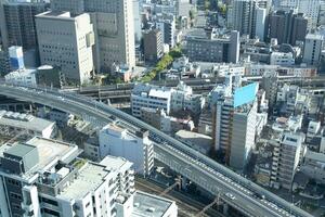 A panorama cityscape near the railway in Osaka wide shot photo