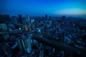 A dusk panorama cityscape near the railway in Osaka wide shot photo