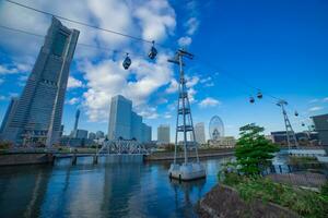 un laminación ferris rueda cerca el teleférico en Yokohama soleado día foto