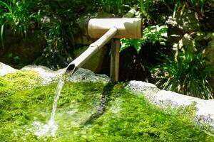 un japonés bambú agua fuente shishi-odoshi en zen jardín foto