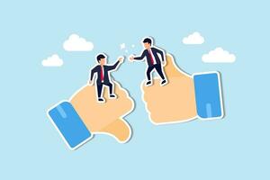 Mentor support, coaching or training for employee improvement, help colleague or partner to work better, advice or consult concept, businessman manager help coworker step from thumb down to thumb up. vector