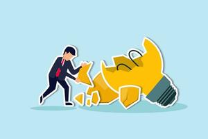 Uninspired or motivation after business failure, burnout or exhausted from crisis, no new idea or inspiration concept, depressed business man sadly standing with fail old broken lightbulb idea. vector