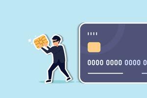 Credit card or debit card payment account fraud, hacker or criminal use phishing to steal online money, data or personal identity concept, thief in black steal smart ship from debit or credit card. vector