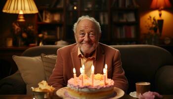 AI generated Elderly gentleman enjoying cake on the couch, diverse active seniors pictures photo