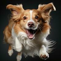 AI generated Running dog with stylish hair on a striking black background, pet photo