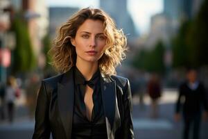AI generated Urban elegance high powered businesswoman in purposeful stride, empowering women images photo