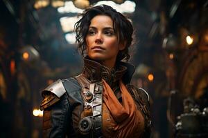 AI generated Steampunk strength innovative woman in a mechanical world, empowering women images photo