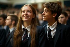 AI generated Anticipation builds as two students in uniform eagerly await the school assembly, school playtime images photo