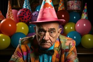 AI generated Elderly gentleman in birthday hat, diverse active seniors pictures photo