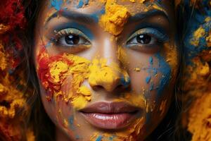 AI generated Close up of holi adorned face in vivid detail, holi festival images hd photo