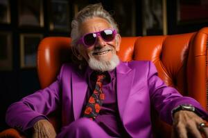 AI generated Elderly gentleman in purple suit, active seniors lifestyle images photo