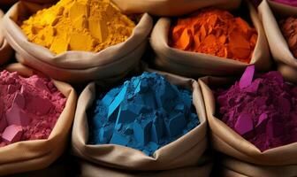 AI generated Bags vibrant array of colorful powders, holi festival images hd photo