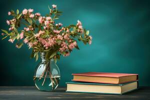 AI generated A lovely pink flower surrounded by books and glasses on a vibrant green background, diverse education and teachers day image photo