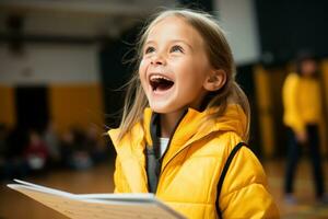 AI generated A young student confidently spells a challenging word as their friend cheers them on in a school spelling bee, school children playing games photo