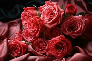 ai generado elegante rojo rosas en un soñador pañería conjunto, compromiso, Boda y aniversario imagen foto