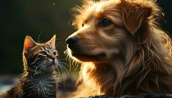 ai generado un gato y perro felizmente abrazando el lluvia, mascota foto