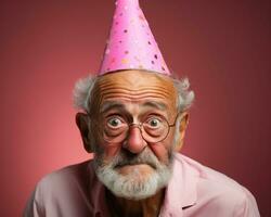 ai generado hombre en fiesta sombrero en contra rosado fondo, contento activo personas mayores imágenes foto