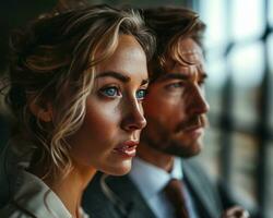 AI generated Businessman and businesswoman engaged in a focused face to face meeting, professional business meeting image photo