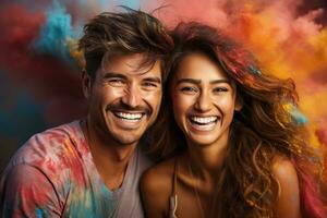 AI generated Indian couple celebrating with colorful powder, holi festival images hd photo