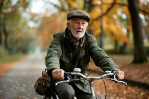 AI generated Elderly gentleman cycling in cold weather, active seniors lifestyle images photo