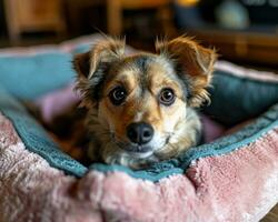 AI generated Adorable little pup enjoying comfort in a pink and blue dog bed, pet photo