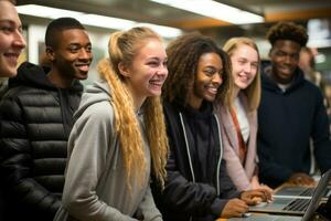 AI generated Students stand near laptop in classroom engaging with technology for collaborative learning experience, diverse education and teachers day image photo