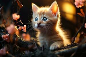 AI generated Adorable kitten explores nature peeking through bare trees in a delightful setting, pet photo