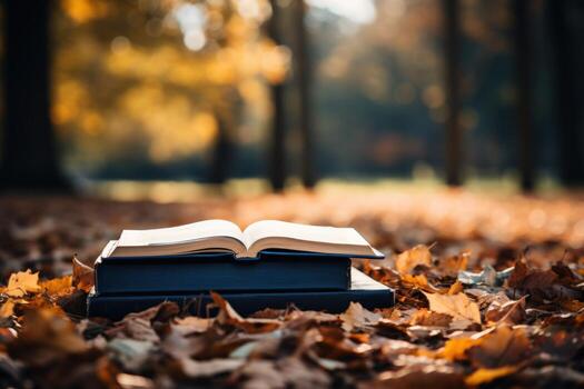 AI generated Open books on a log surrounded by autumn leaves, educational photo