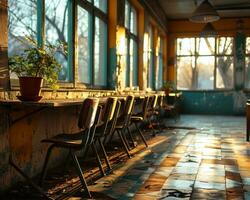 AI generated Rows of empty chairs and tables in an unoccupied classroom, diverse education and teachers day image photo