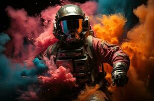 AI generated Astronaut amidst flying colored powder, holi festival images hd photo