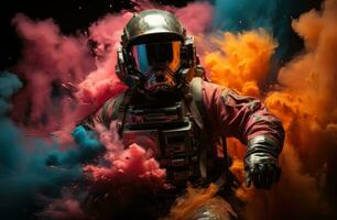 ai generado astronauta en medio de volador de colores polvo, holi festival imágenes hd foto