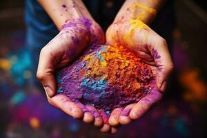 AI generated Colorful exploration child hands embrace holi, holi festival images hd photo