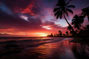 AI generated Purple sunset silhouette palm trees by the beach, beautiful sunrise image photo